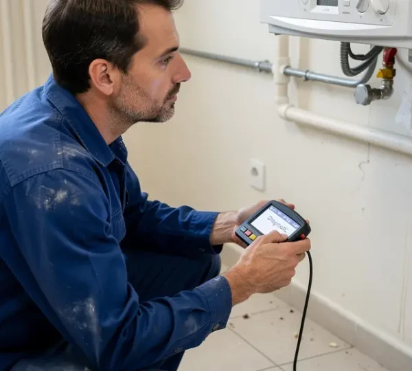 Technicien chauffagiste certifié inspectant une chaudière murale dans une maison du Maine-et-Loire