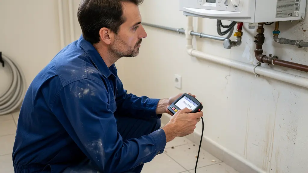 Technicien chauffagiste certifié inspectant une chaudière murale dans une maison du Maine-et-Loire