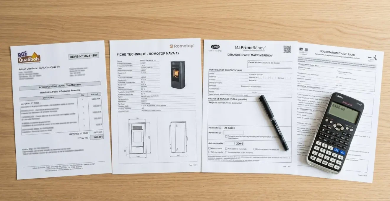 Bureau avec documents administratifs français pour installation chauffage bois : devis installateur RGE, notice technique ROMOTOP, formulaire MaPrimeRénov et calculatrice
