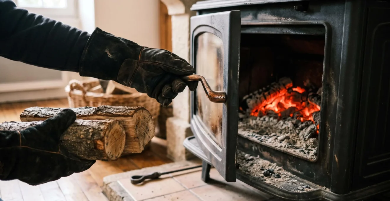 Main gantée ouvrant la porte d'un poêle à bois pour rechargement, braises rougeoyantes visibles à l'intérieur, deux bûches fendues prêtes à être introduites, scène d'entretien quotidien