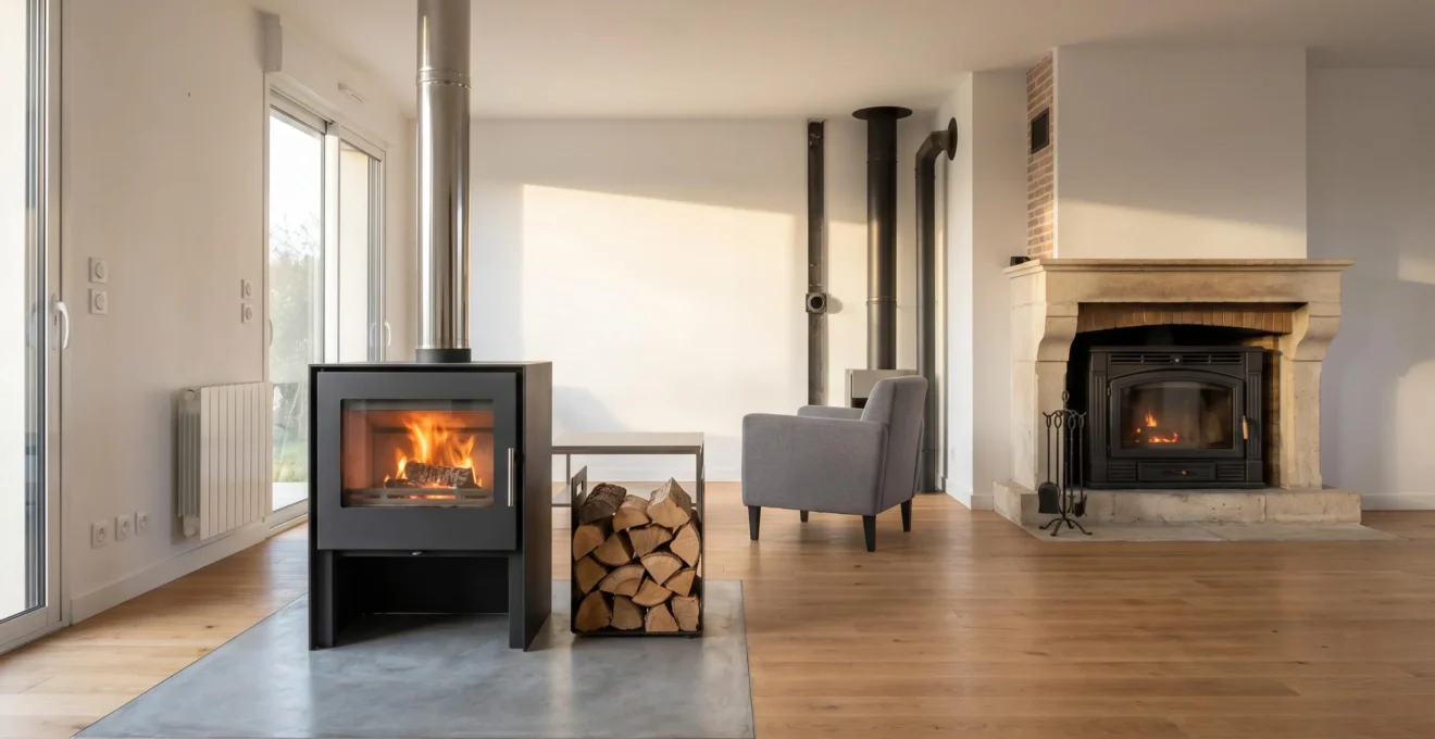 Salon contemporain montrant à gauche un poêle à bois autonome en acier noir avec conduit apparent et bûches empilées, à droite une cheminée avec insert encastré dans un habillage en pierre naturelle, illustrant les deux solutions de chauffage au bois dans un intérieur français moderne