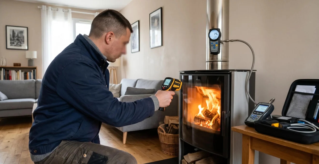 Technicien certifié RGE mesurant les performances thermiques d'un poêle à bois en fonctionnement à l'aide d'un thermomètre infrarouge et d'un manomètre de tirage, flammes visibles à travers la vitre