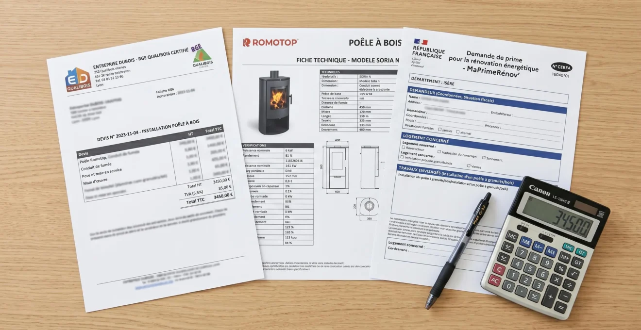 Bureau avec documents administratifs français pour installation chauffage bois : devis installateur RGE, notice technique ROMOTOP, formulaire MaPrimeRénov et calculatrice
