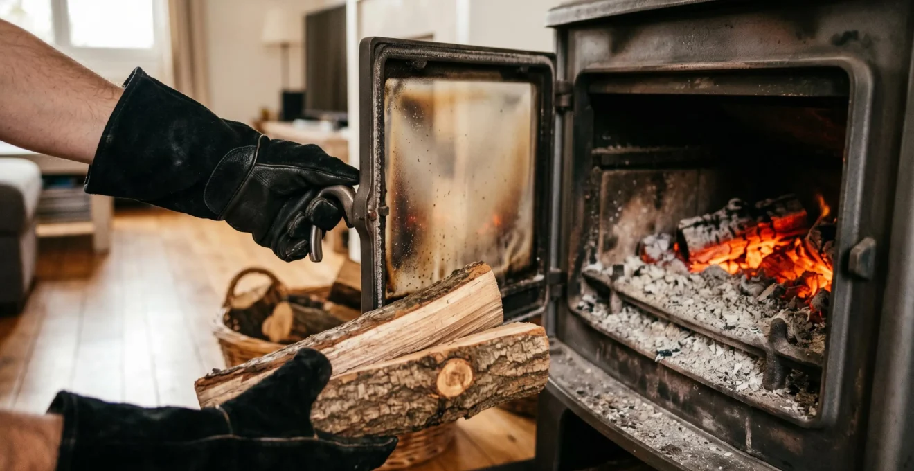 Main gantée ouvrant la porte d'un poêle à bois pour rechargement, braises rougeoyantes visibles à l'intérieur, deux bûches fendues prêtes à être introduites, scène d'entretien quotidien