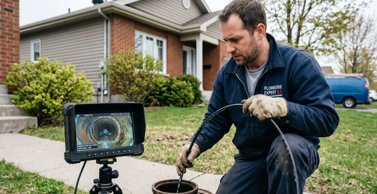 Plombier certifié RBQ utilisant une caméra d'inspection haute définition pour examiner l'intérieur d'un drain résidentiel, avec écran de contrôle affichant l'état de la canalisation en temps réel devant une maison québécoise moderne