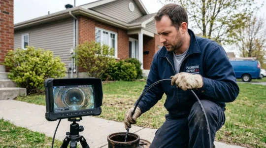 Plombier certifié RBQ utilisant une caméra d'inspection haute définition pour examiner l'intérieur d'un drain résidentiel, avec écran de contrôle affichant l'état de la canalisation en temps réel devant une maison québécoise moderne