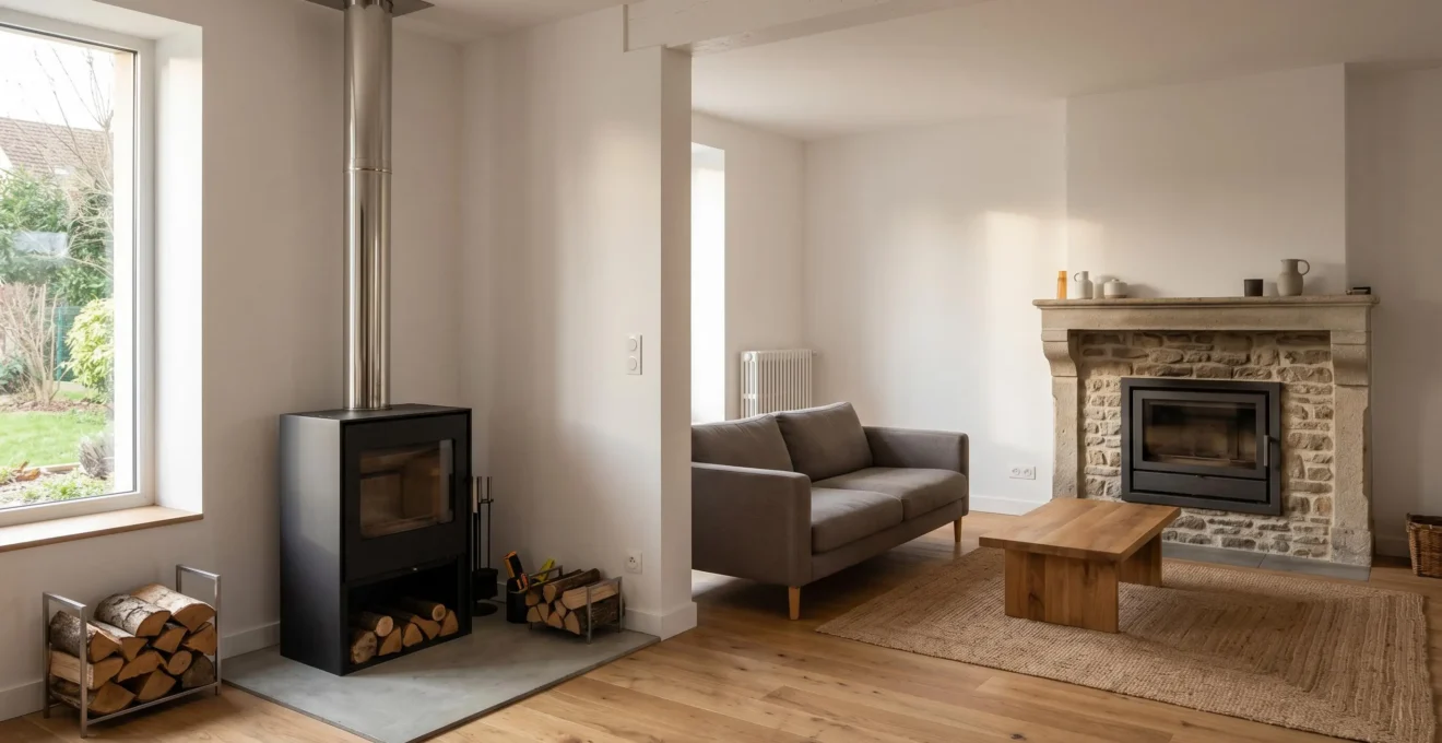 Salon contemporain montrant à gauche un poêle à bois autonome en acier noir avec conduit apparent et bûches empilées, à droite une cheminée avec insert encastré dans un habillage en pierre naturelle, illustrant les deux solutions de chauffage au bois dans un intérieur français moderne