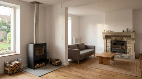 Salon contemporain montrant à gauche un poêle à bois autonome en acier noir avec conduit apparent et bûches empilées, à droite une cheminée avec insert encastré dans un habillage en pierre naturelle, illustrant les deux solutions de chauffage au bois dans un intérieur français moderne