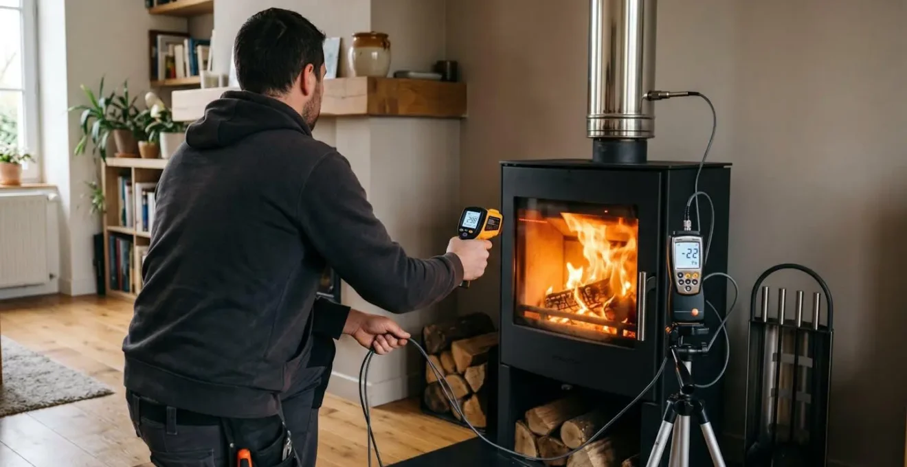 Technicien certifié RGE mesurant les performances thermiques d'un poêle à bois en fonctionnement à l'aide d'un thermomètre infrarouge et d'un manomètre de tirage, flammes visibles à travers la vitre